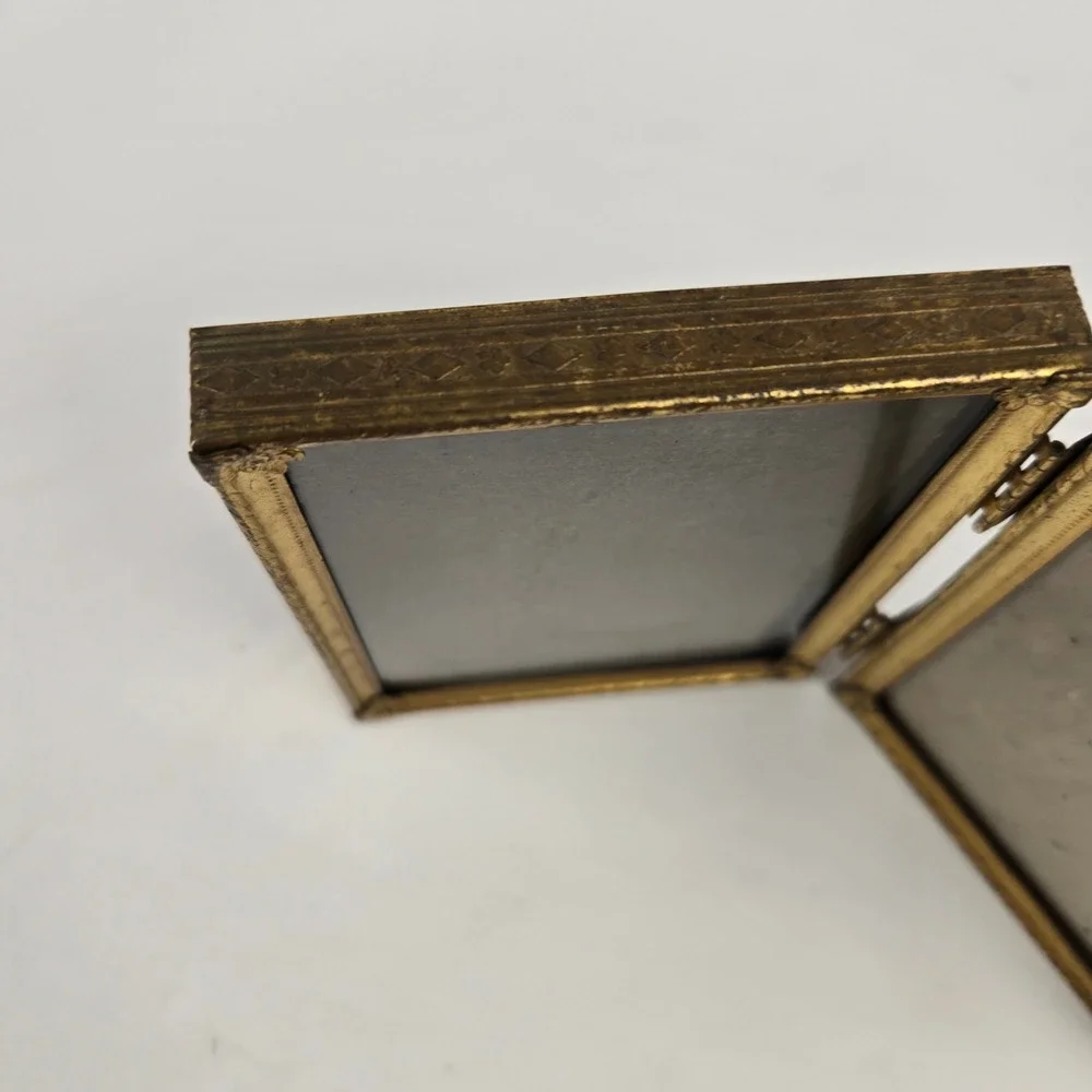 Vintage Gold Metal Folding Double Picture Frame Ornate Embossed Floral Bifold